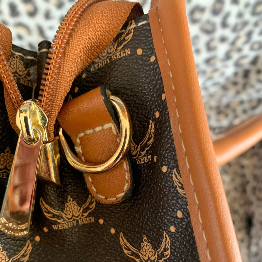 Brown and Tan Monogram Satchel Handbag with Gold Accent - Picture 7 of 10